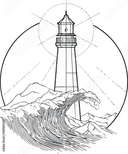 A detailed monochrome illustration of a lighthouse surrounded by crashing waves and mountains. Black on transparent background.
