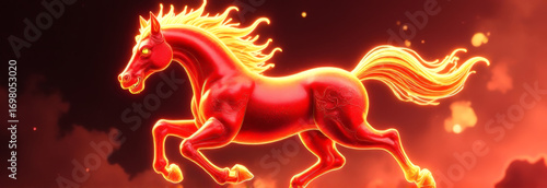 The banner is a fiery red horse on a black background. the symbol of the year 2026. Chinese New Year