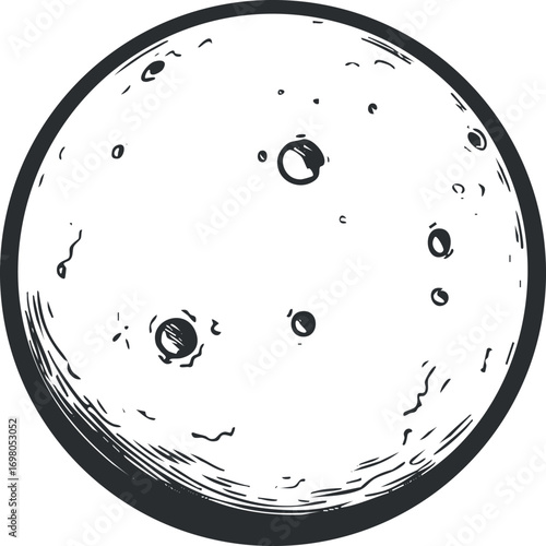 A hand-drawn illustration of the moon with visible craters and a circular design. Black on transparent background.