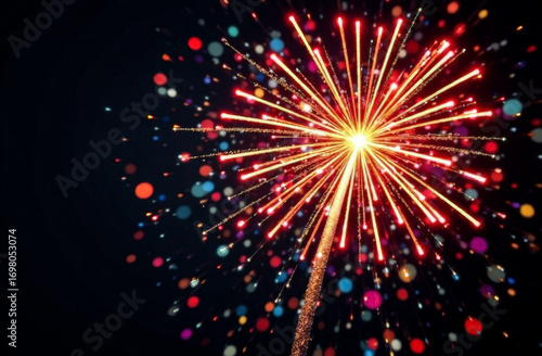 fireworks lights on a black background. Christmas and New Year greeting card. 3d illustration