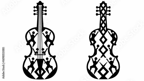 Illustration featuring a group of stick figures and a decorative violin with floral patterns in black and white silhouette