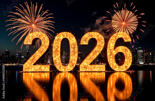 the numbers 2026 on the background of fireworks at night in the city. New Year's Eve celebration. greeting card	