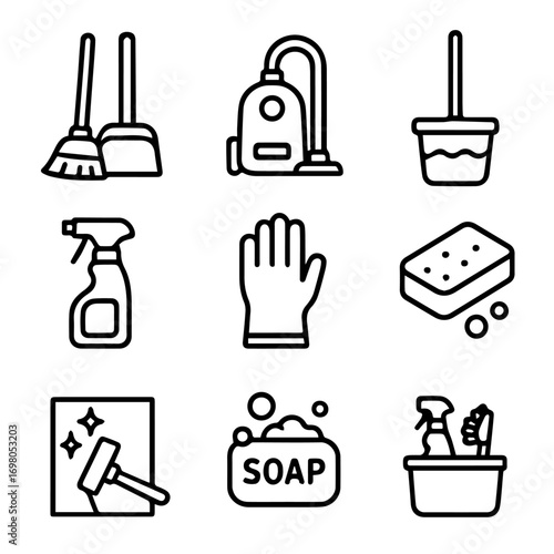 Outlined Cleaning Tools and Supplies for Home and Office Maintenance.