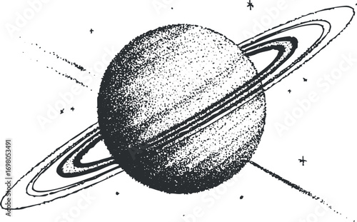 An artistic illustration of Saturn showcasing its iconic rings and celestial surroundings. Black on transparent background.