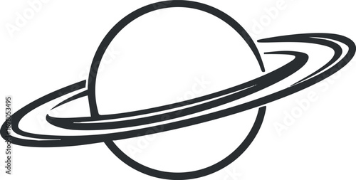 A minimalist illustration of Saturn showcasing its rings and spherical shape in space. Black on transparent background.