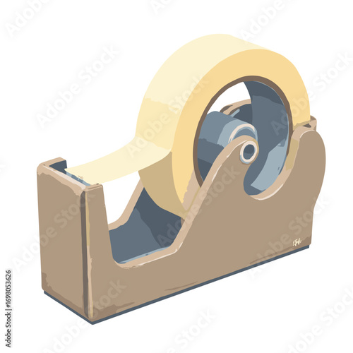 Packing tape dispenser — serrated cutter edge, partial tape roll and plastic handle, white background