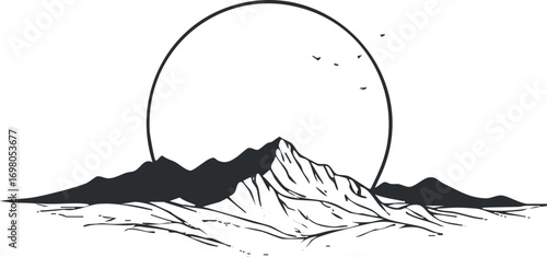 A minimalist illustration of mountains with a rising sun and birds, symbolizing nature and tranquility. Black on transparent background.