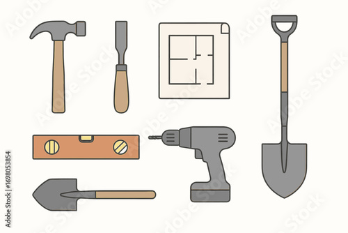 Collection of construction tools: hammer, chisel, shovel, drill, level, blueprint