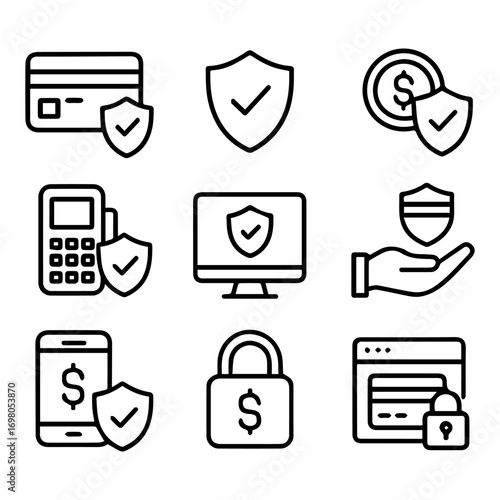 Secure Online Payment Methods Icon Set Credit Card Shield and Lock Symbols.