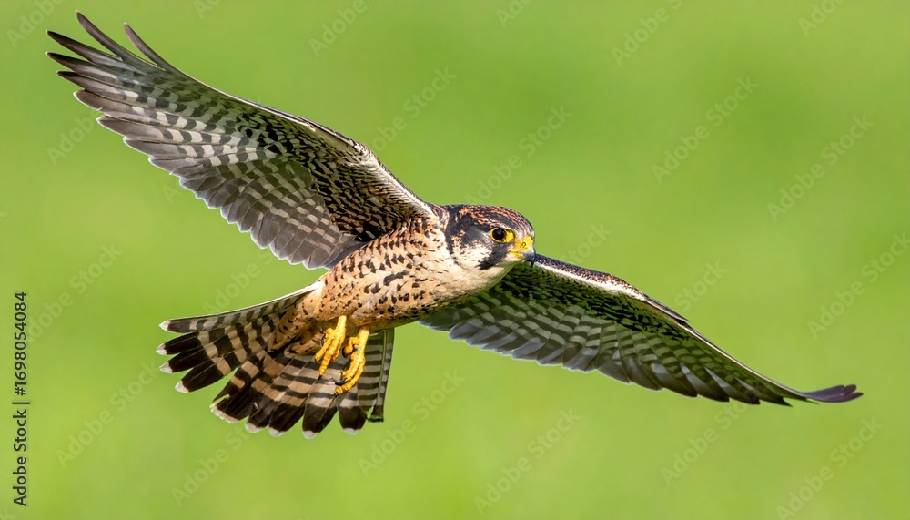 Obraz premium Falco columbarius (esmerejón) en pleno vuelo, alas extendidas, mostrando el detalle del plumaje y su silueta aerodinámica. Fondo completamente verde chroma key uniforme, sin sombras