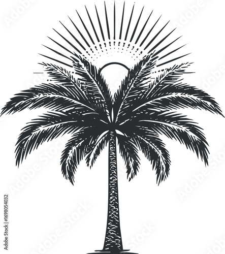 A stylized silhouette of a palm tree with sun rays emanating from behind it. Black on transparent background.