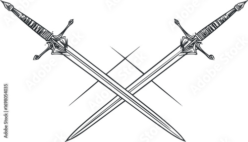 Crossed swords illustration representing battle and valor in a medieval or fantasy context. Black on transparent background.