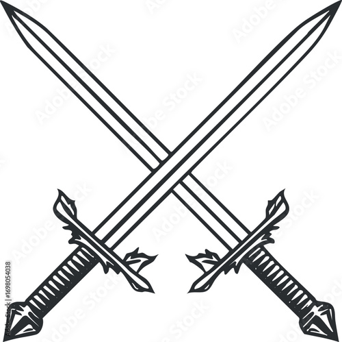 A pair of crossed swords symbolizing battle and valor in a decorative illustration. Black on transparent background.