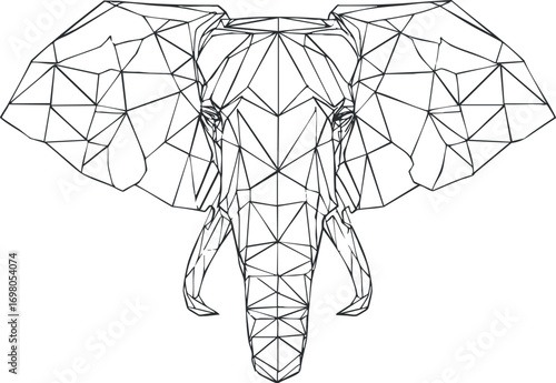 Stylized low poly elephant head illustration in geometric outline design for modern decor. Black on transparent background.