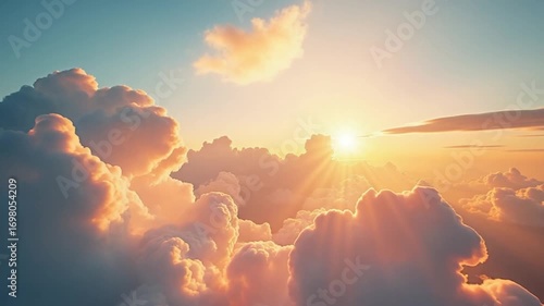 Timelapse fluffy Cumulus clouds moving in bright sunset. Abstract aerial nature summer ocean sunset, sea and sky view. Vacation, travel, holiday concept. Weather and Climate Change