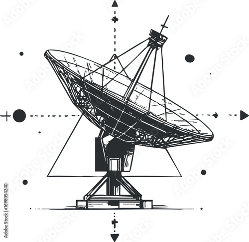Illustration of a satellite dish used for communication and signal transmission in technology. Black on transparent background.