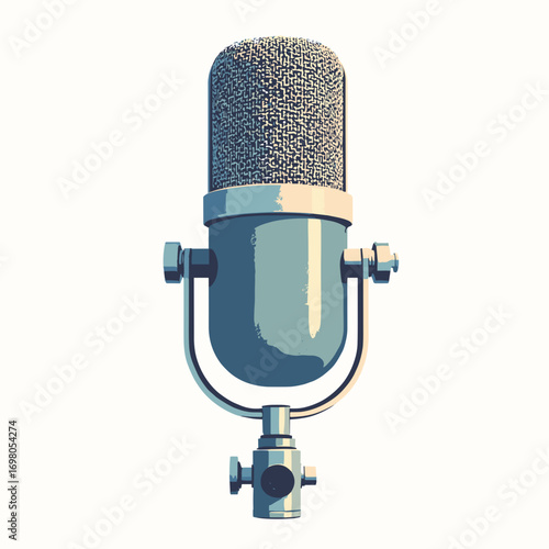 Studio microphone — vintage chrome grille, shock mount cradle, XLR connector base, white background
