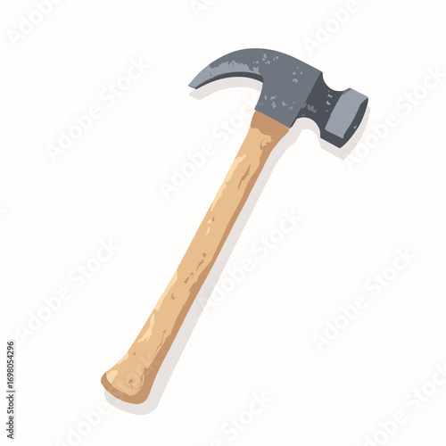 Claw hammer — wooden handle grain, forged head with claw curvature, slight wear marks, white background