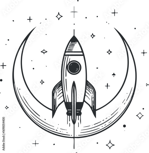 A stylish rocket launching through space with a crescent moon and stars in the background. Black on transparent background.