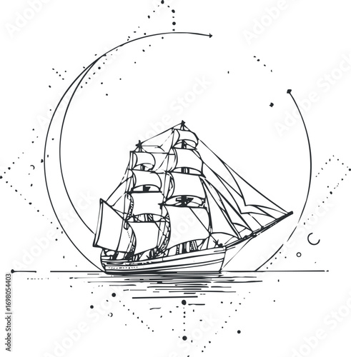 A detailed line art illustration of a vintage sailing ship against a moonlit background. Black on transparent background.
