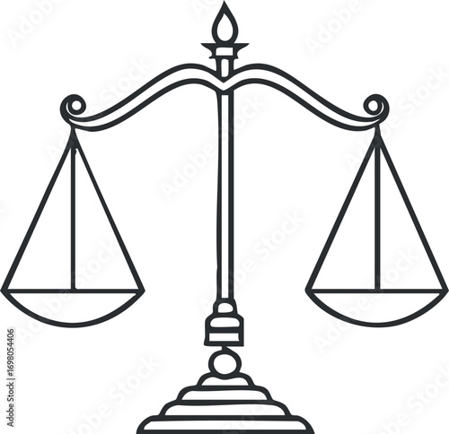 An illustration of a classic balance scale symbolizing justice and fairness in legal contexts. Black on transparent background.