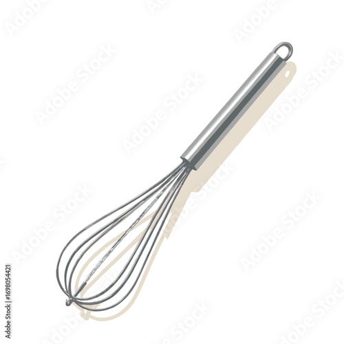 Kitchen whisk — wire loops with welded handle, polished stainless steel, slight shadow, white background