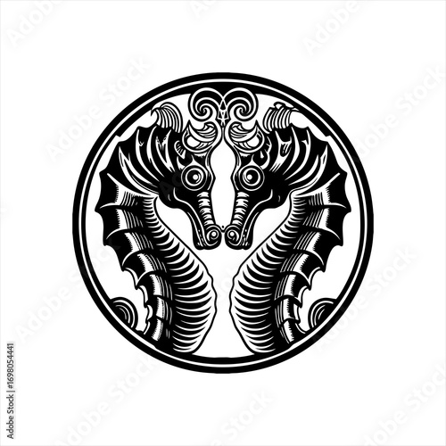 Stylized Black and White Seahorse Emblem.