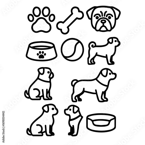Simple Black Line Art Illustrations of Dogs Dog Toys and Bowls.