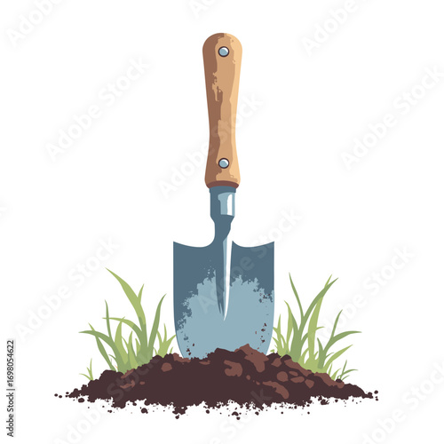 Garden trowel — forged scoop blade with soil traces, riveted wooden handle, white background