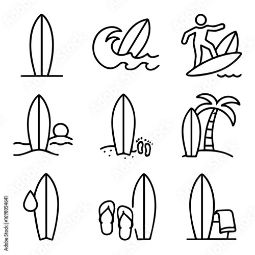 Simple Black Line Art Illustrations of Surfing and Beach Activities.
