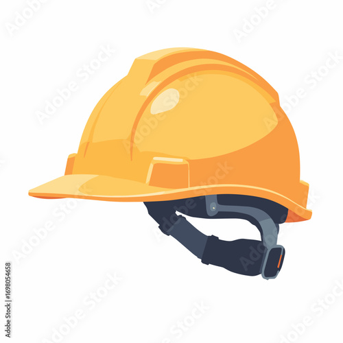 Safety hard hat — glossy poly shell, suspension rim visible inside, chin strap clip, white background