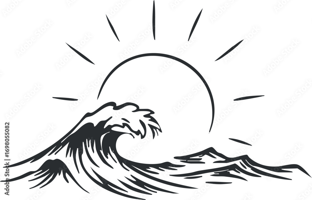 Naklejka premium Stylized illustration of waves and a sun creating a tranquil ocean scene. Black on transparent background.