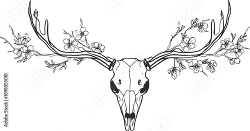 A striking illustration of a deer skull with antlers adorned with floral elements. Black on transparent background.
