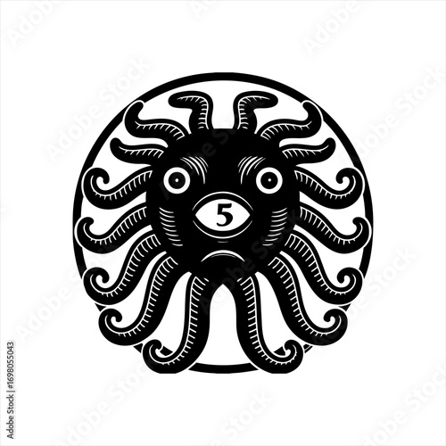 Stylized Black Octopus Creature with Single Eye.