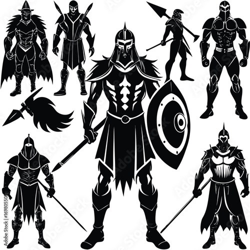 A collection of black and white vector silhouettes depicting ancient warriors in various armor and poses with weapons.
