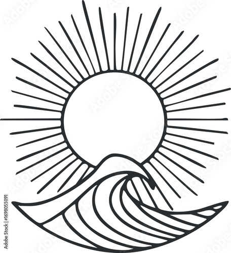 A stylized illustration of the sun rising above ocean waves in a minimalist design. Black on transparent background.