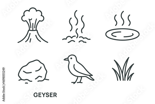 Minimalist icons: geyser, steam, hot spring, rock, bird, grass