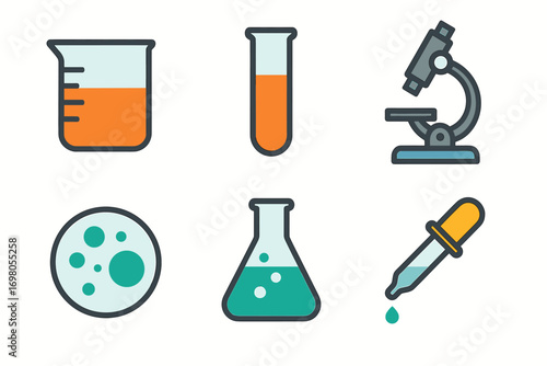 Scientific equipment icons: beaker, test tube, microscope, petri dish, flask, pipette