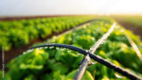 Close up of irrigation system with water droplets over a field of green leafy vegetable crops