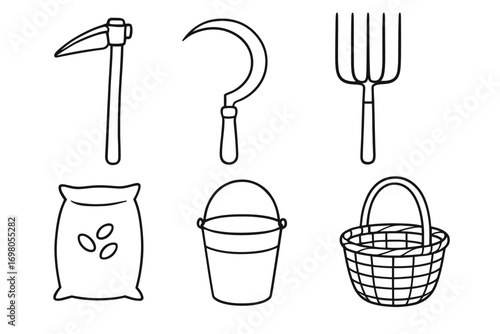 Outline icons of farming tools including hoe, sickle, fork, seed bag, bucket, and basket
