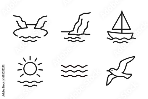 Minimalist ocean icons: boat, waves, sun, bird, cliff