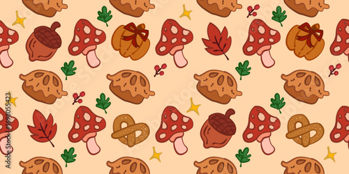 Seamless autumn pattern with pumpkin, leaves, mushroom, and pie. Hand drawn autumn pattern in vector. Cute autumn pattern with coquette ribbon.