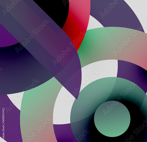 Abstract composition featuring overlapping translucent circles. Colors blend, creating dynamic visual effect. Minimalist design, modern aesthetic.