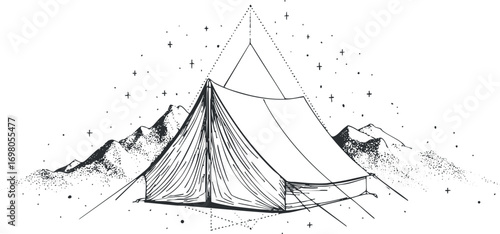 Illustration of a camping tent surrounded by mountains and stars in a serene outdoor setting. Black on transparent background.