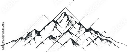 Minimalist black and white illustration of mountain peaks with intricate details and lines. Black on transparent background.