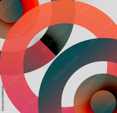 Abstract composition. Overlapping circles create dynamic visual effect. Warm, cool colors blend, forming modern design.