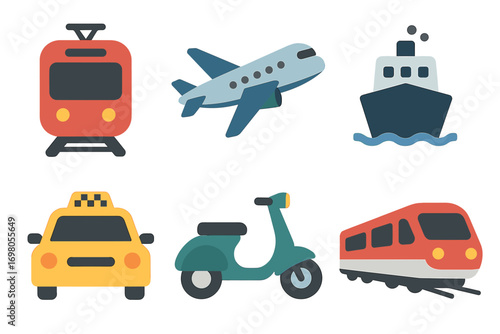 Various modes of transportation icons: train, airplane, ship, taxi, scooter