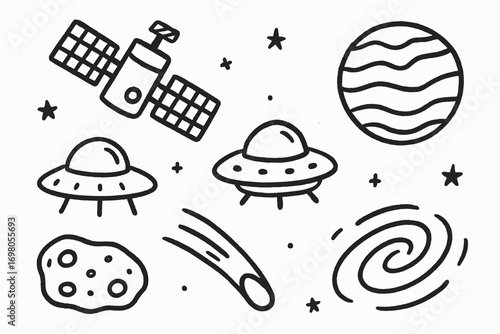 Space doodles: satellite, ufos, planet, and celestial elements