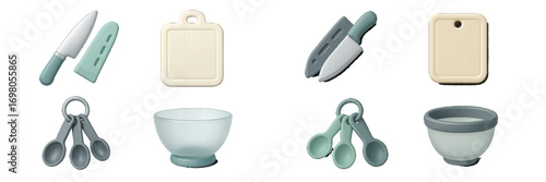 Modern kitchen utensils set for cooking and baking with knives, cutting boards, measuring spoons, and mixing bowls