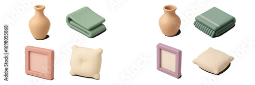 Minimalist pastel home decor items with ceramic vases, folded blankets, throw pillows, and picture frames